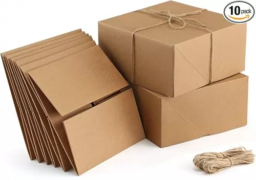 ValBox Premium Gift Boxes 10 Pack 8 x 8 x 4 Brown Paper Gift Boxes with 20 Meters Hemp Rope for Christmas Gifts, Bridesmaid Proposal Boxes, Easy Assemble Boxes