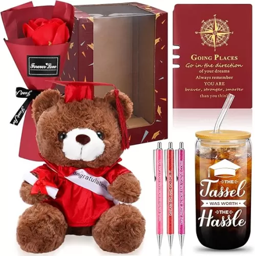 Vinsot Graduation Gifts Set Class of 2025 Graduation Stuffed Bear with Soap Artificial Flower 16 Oz Glass Bottle Inspirational Notebook and 3 Ballpoint Pens Grad Gifts for Her Him(Wine)