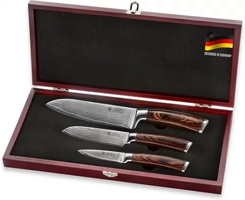 Wakoli Damascus Kitchen Knife Set, 3 Pieces Professional Chef Knife Set made from 67 Layers Damascus Steel with VG10 Core, Knives Set for Kitchen with Pakkawood Handles in Wooden Gift Box (EDIB 3-pcs)