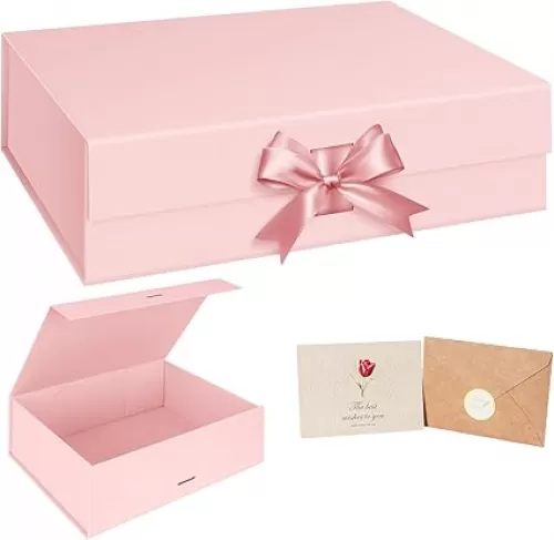 WARMGBOXCO 1 Pcs Pink Gift Box 13x9x4Inch, Gift Boxes with Lids for presents, Collapsible Boxes for Gifts, With Greeting Card, Suitable for Bridesmaid Proposal Box, Birthday Gift Box, Etc.