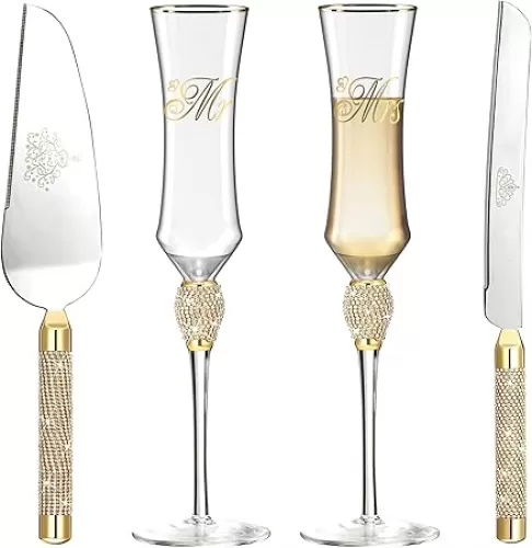 Wedding Cake Knife and Server Set, Bridal Shower Gifts for Bride Mr and Mrs Champagne Flutes Glass and Cake Cutting Set for Wedding Engagement Gifts (Gold)