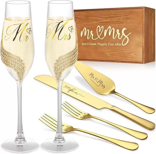 Wedding Cake Knife and Server Set, Gold Mr and Mrs Champagne Flutes and Cake Cutting Set for Wedding Bridal Shower Gifts (Gold)