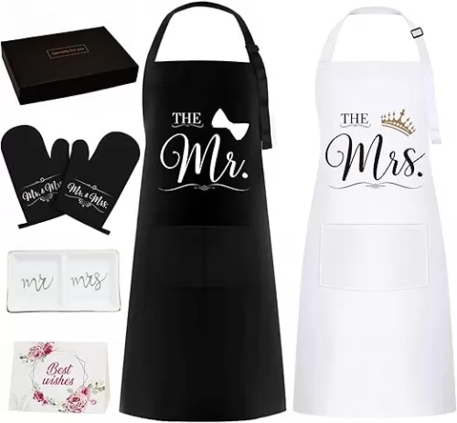 Wedding Gifts for Couples, Mr and Mrs Aprons Engagement Presents for His and Her, Kitchen Cooking Bride To Be Gifts, Funny Wedding Gifts Box for Friend Sister Hubby and Wifey