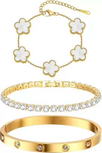 Womens Stackable Floral Gold Bracelets - 3Pcs 18K Gold Plated Bracelet, Stainless Steel Bangle Bracelets Non Tarnish, Gold Bracelet Set Trendy Jewelry, Christmas Valentines Birthday Gifts for Girlfriend