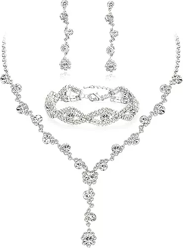 YANODA Rhinestone Bridal Jewelry Sets for Women Crystal Necklace Earrings Bracelet Jewelry Sets for Wedding Bridal Bridesmaid Gifts Evening Party Prom Jewelry Set