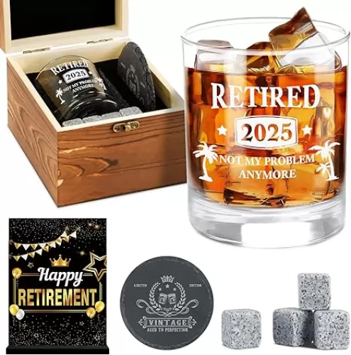 YeohJoy 2025 Retirement Gifts for Men, 2025 The Legend Has Retired-Whiskey Glass Set, Happy Retirement Gifts for Him, Dad, Friends- Happy Retire Anniversary Card&Wood Box&Coaster&Whiskey Stones