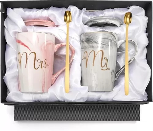 Yesland 13.5 Oz Mr and Mrs Coffee Mugs, Wedding Gifts for Couple/Bride and Groom, Ceramic Marble Cups for Bridal Shower Engagement Wedding, Married Couples Anniversary