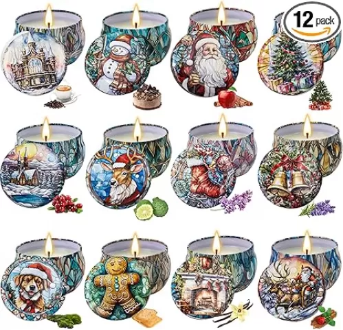 Yinuo Candle Christmas Scented Candles Gift Set – 12 Pack Long Lasting Soy Wax Holiday Candles in Decorative Tin Jars, Winter Home Decor, Relaxing Aromatherapy Gifts for Women & Friends