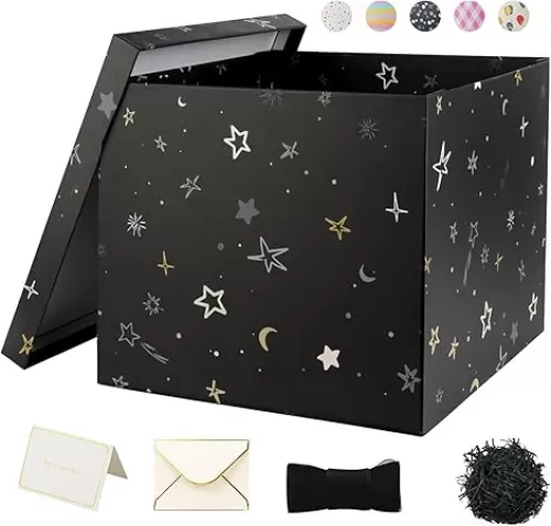 YINUOYOUJIA Large Gift Box 12x12x10Inches, Gift Boxes with Lids for Presents, Present Box, Birthday Box, Gift Packaging for Valentine's Day, Mother's Day, Christmas, Anniversaries.(Black Stars)