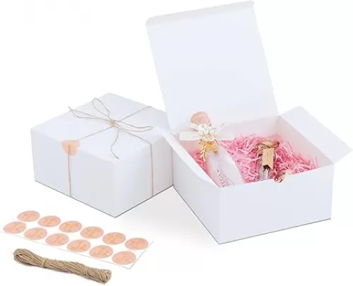 YUEFANBOX White Gift Boxes for Presents with Lids, 12 Pack 8x8x4 Inch, 80ft Twine, Stickers & Tape - Easy Assemble for Bridesmaid Proposal, Wedding, Party Favors