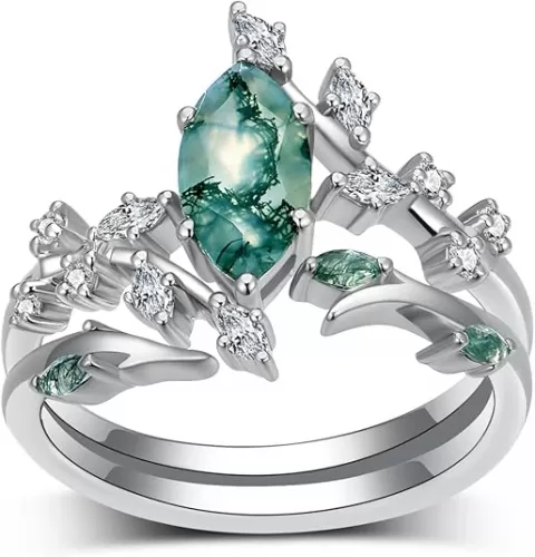 1 Carat Marquise Cut Moss Agate Wedding Ring Set for Women, 925 Sterling Silver Green Moss Agate Bridal Engagement Ring Set Jewelry Gift for Wife Her