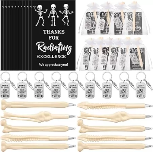 10 Set Radiology Tech Gifts Funny Bone Pens 4 Styles Novelty Bone Shape Ballpoint Pens X-Ray Tech Keychains Radiography Keychains Tech Appreciation Cards with Bag for Rad Tech Nurse Doctor