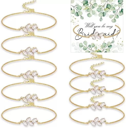 10 Sets Bridesmaid Gifts Leaf Bridesmaid Bracelets with Gifts Cards Tiny Zirconia Leaf Adjustable Bridal Crystal Bracelet for Women