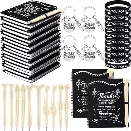 10 Sets Radiology Tech Gifts with 10 Novelty Bone Ballpoint Pens 10 Thank You Inspirational Notebooks 10 X-Ray Tech Keychains 10 Silicone Bracelets for Nurse Doctor Gift