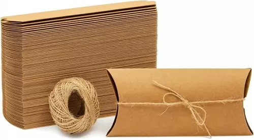 100-Pack Pillow Boxes with Jute Twine - Kraft Paper Pillow Box for Jewelry, Wedding Party Favor, Pen, Gift Card (7.5x3.7 In) - Cardboard Pouches