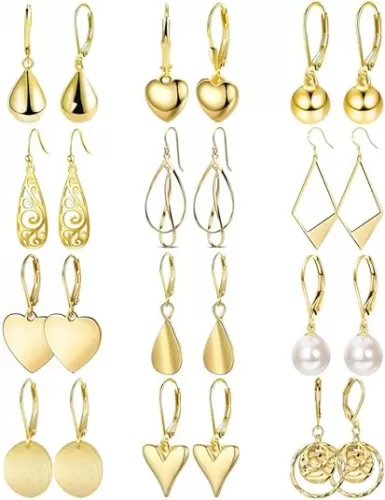 12 Pairs Gold Silver Heart Dangle Earrings Teardrop Earrings for Women Waterdrop Lightweight Circle Disc Coin Geometric Flat Brushed Drop Hypoallergenic Earrings Jewelry Gifts
