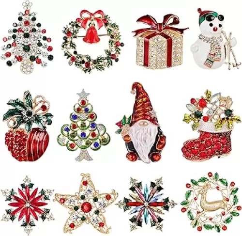 12 Pcs Christmas Brooch Pins Set for Women - Rhinestone Crystal Christmas Tree Wreath Snowman Reindeer Ornament Jewelry Pins Gift