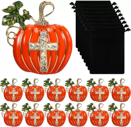 12 Set Christian Halloween Favors Pumpkins Brooch Pin Religious Cross Brooches Metal Rhinestone Enamel Lapel Pin with Velvet Bag for Women Fall Party Christian Church Sunday School Gifts