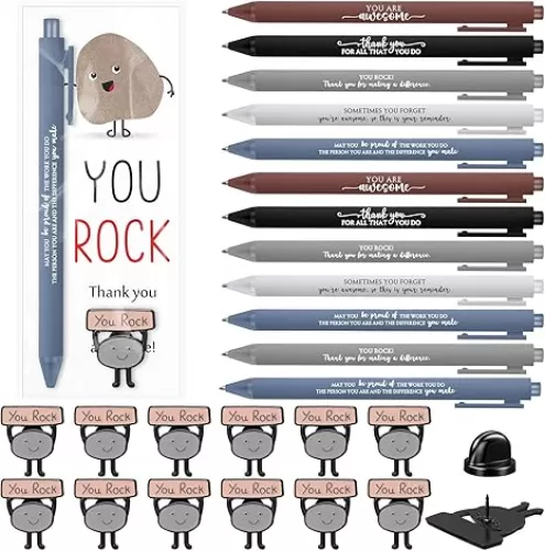 12 Sets Motivational You Rock Employee Appreciation Gifts Bulk Ballpoint Pens and You Rock Cards and Brooch Pin with Organza Bags Inspirational Thank Gift for Team Coworker Staff