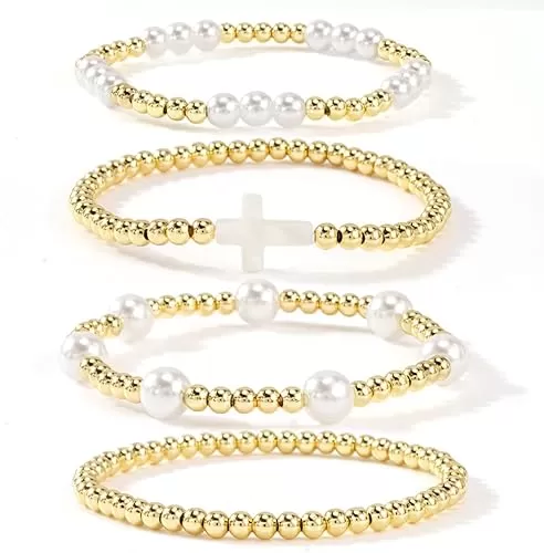 14K Gold Pearl Beaded Cross Bracelets Stack Set for Women, Stretch Boho Colorful Christian Beads Ball Jewelry Friendship Summer Trendy Gift