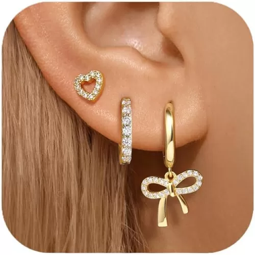 14K Gold Plated Hoop Earrings Set for Women, Hypoallergenic CZ Flower/Bow Earrings, Gold Earring Stacks, Dainty Cute Jewelry Gifts for Women Wife