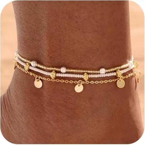 14K Gold/Silver Ankle Bracelet for Women Waterproof Chain Anklets Set 2/3/4/5/6 Pcs Boho Layered Summer Holiday Beach Jewelry Gift for Vacation