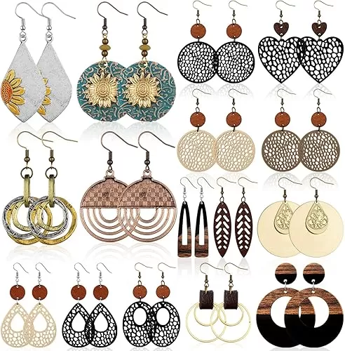16 Pairs Boho Wooden Earrings for Women Vintage Jewelry Set Retro Geometric Round Earrings Lightweight Hollow out Statement Jewelry Gifts