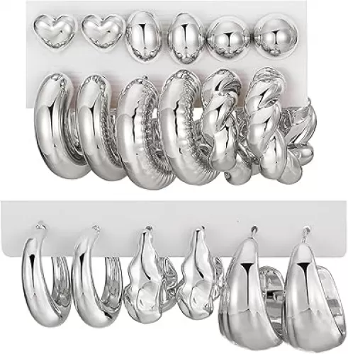 17IF 9 Pair Drop Dangle Stud Gold Silver Hoop Earrings Set for Women Chunky Hypoallergenic Earrings Heart Mini Lightweight Twisted for Daily Party Gift