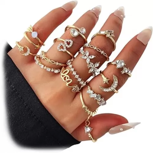 17IF Gold Boho Sparkle Knuckle Rings Set For Women, Vintage Fashion Aesthetic Trendy Joint Snake Ring Pack, Retro Pink Rhinestone Assorted Moon Star Crystal Love Leaf Diamond Pearl Jewelry