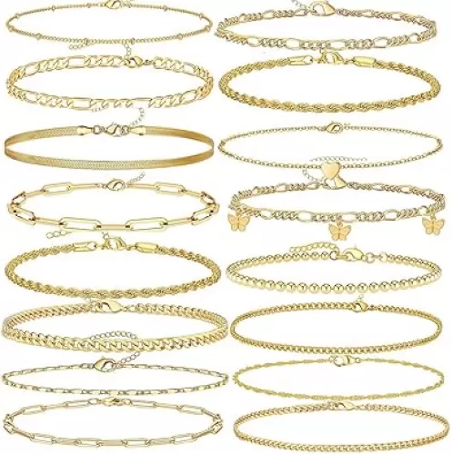 17Pcs Boho Gold Chain Ankle Set For Women 14K Gold Plated Multiple Bohemian Chain Beach Anklet Bracelet Jewelry Set Friendship Gift