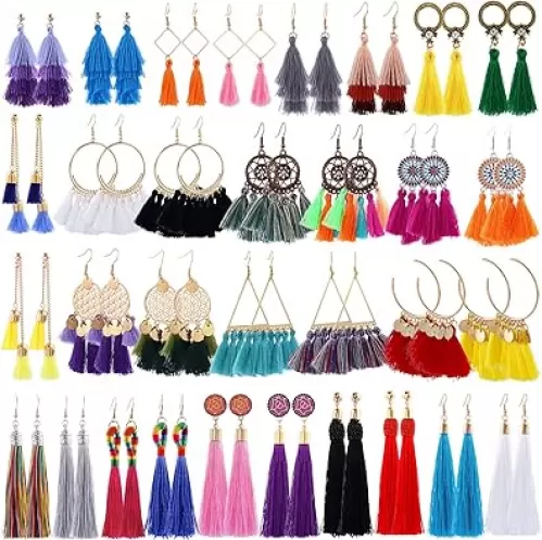 18-32 Pairs Tassel Earrings Set with Colorful Tassel Long Layered Dangle Hoop Tiered Thread Earrings Set for Women Jewelry Fashion and Valentine Birthday Party Gift