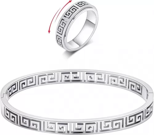 18K Gold Plated Bracelet with Spinner Ring Jewelry Set for Women:Stainless Steel Greek key Cuff Oval Bangle Anxiety Ring Jewelry Sets Best Gifts for Mother