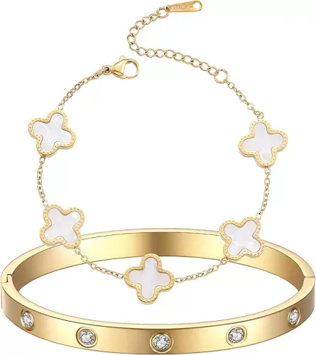 18K Gold Plated Clover Bracelet Love bangle Set for Women - Stack Friendship Bracelet Lucky Link Bracelets Jewelry Gifts Trendy for Women