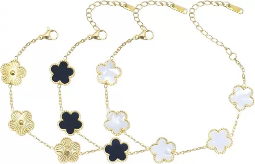 18K Gold Plated Four Leaf Clover Bracelet Set - 3Pcs Lucky Charm Jewelry for Women, Adjustable Gold/White/Black Bracelet Gift Sets for Mom, Wife, Girlfriend