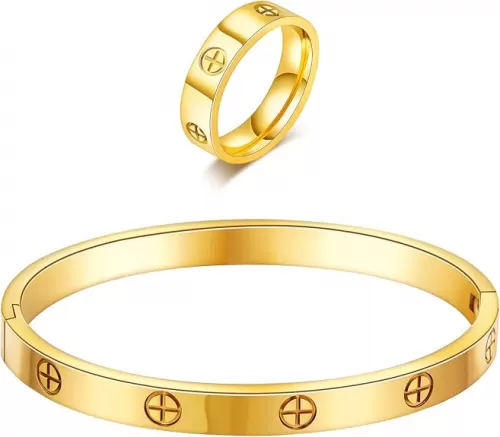 18K Gold Plated Friendship Love Bracelet with Ring Jewelry Set for Women Stainless Steel Cuff Oval Bangle Simple Hinged Cubic Zirconia Stones Bangle Cuff Best Gifts for Mother