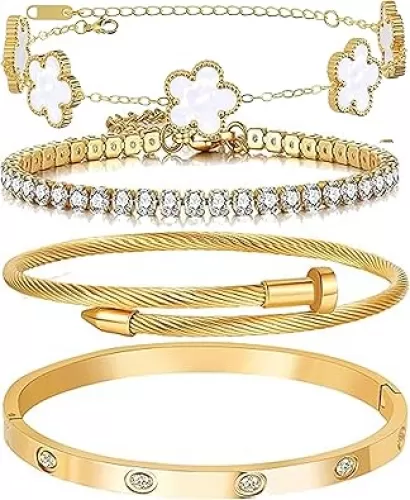 18K Gold Plated Stackable Floral Gold Love Bangle Bracelets For women Non Tarnish, Gold Bracelet Set Trendy Jewelry, Christmas Valentines Birthday Gifts for Women