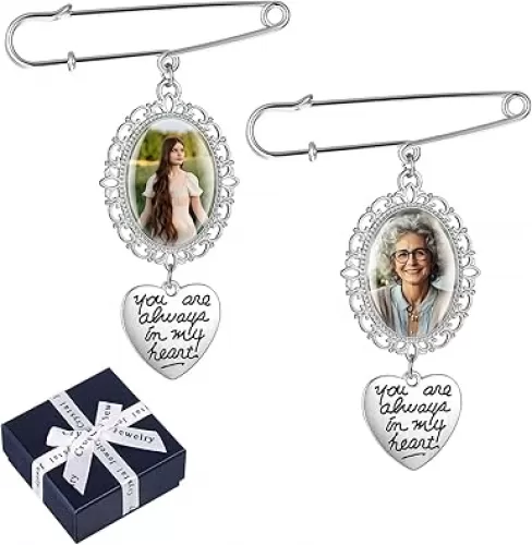 2 Sets Wedding Bouquet Photo Charms Bride Groom Pin Brooch Charm You are Always in My Heart Heart Styled Pendent for Wedding Memory Graduation Gift (with Gift Box)