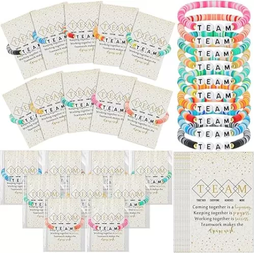 20 Set Team Employees Appreciation Gift Bulk Inspirational Bracelets Stackable Clay Beaded Bracelets with Motivational Card Thank You Gift for Coworker Staff Teacher Nurse(Bright Color)
