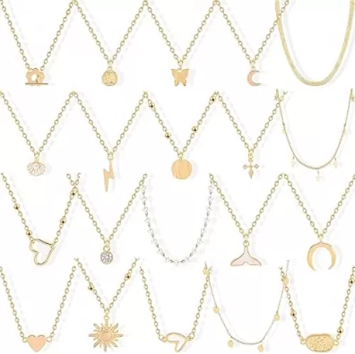 20PCS Gold Plated Choker Necklaces For Women, 14k Gold Plated Dainty Pearl Pendant Simple Chain Necklace Set Gold Layered Necklaces Adjustable Jewelry Gift