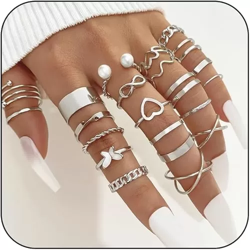 22Pcs Knuckle Rings Set for Women and Girls Dainty Butterfly Heart Stacking Ring Statement Braided Twisted Hollow Carved Vintage Bow Rings Size Mixed for Gift (silver)
