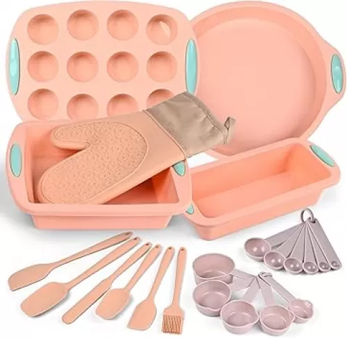 22Pcs NonStick Silicone Muffin Pans Bakeware Sets, Baking Cake Pans, Bread Loaf Cookie Cupcake Pan with Baking Spatula Set and Kitchen Gloves, 446℉ Heat Resistant Baking Tools Kit by Cookass