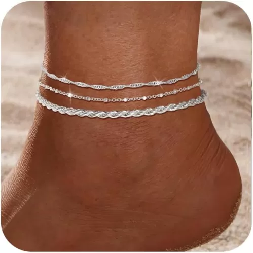 2/3Pcs Ankle Bracelets for Women - Silver Anklet Set Dainty Layered Herringbone, Rope, and Figaro Paperclip Chain Beach Foot Jewelry Gift (Silver Plated)