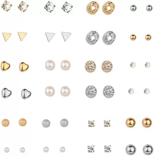 24 Pairs Earrings Set Geometric Elements Imitation Pearl Crystal Minimalism Stainless Steel Stud Earrings Set Gold Silver Color Cute Earring Jewelry Gifts for Women