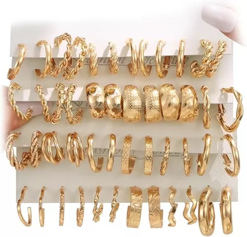 24 Pairs Gold Hoop Earrings Set for Women Hypoallergenic Chunky Chain Twisted Open Hoops Dangle Earring Packs for Birthday Party Fashion Jewelry Gift