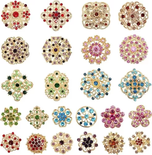 24pc Brooches and Pins for Women, Rhinestone Brooches Bulk Crystal Vintage Decorative Flower Lapel Pins Mixed Color Costume Jewelry Retro for Wedding Party Bouquet Crafts Kit Gifts