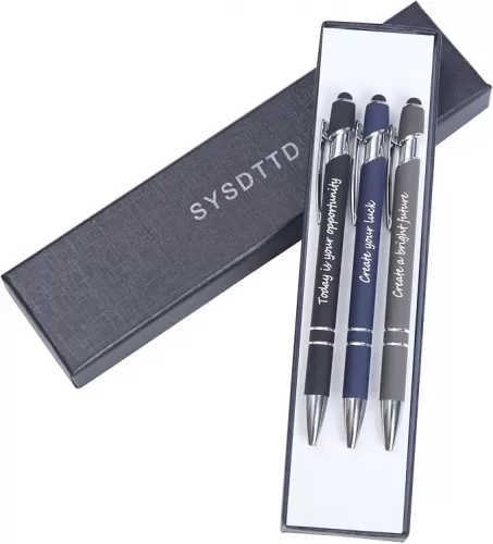 3-Pack 2-in-1 Metal Stylus Pen with Black Ink (1.0mm) and Inspirational Phrases - Gift Set in Navy Blue, Black, Brown