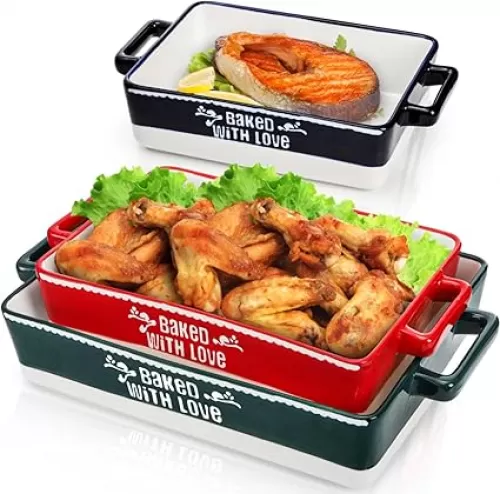 3 Pack Ceramic Baking Dishes, Casserole Dishes for Oven, Rectangular Lasagna Pans with Handles, Kitchen Deep Serving Bakeware Sets for Cooking, Wedding Gift, 3 Colors (14.5
