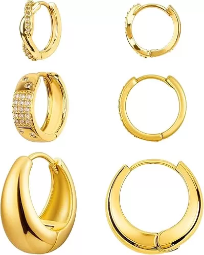 3 Pairs Gold Hoop Earrings Set for Women Trendy - 14K Real Gold Plated Hoop Earrings - Hypoallergenic Cute Zirconia Stud Earrings Jewelry Gifts for Multiple Piercing