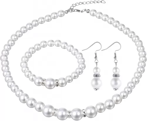 3 Pcs Pearl Necklace and Earring Bracelet Set, 8mm Faux Pearl Jewelry Set for Women White Pearls Necklace for Women Best Gift for Birthday Valentine