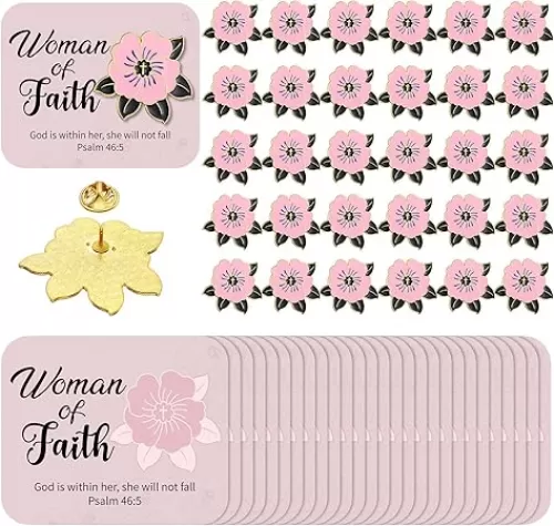 30 Sets Woman of Faith Pins on Card Flower Religious Cross Pins with Cards Bulk Women History Month Christian Church Gifts Religious Lapel Brooches for Mother Birthday Gifts